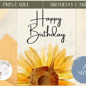 Cartão de aniversário de girassol para impressão | Cartão de girassol em aquarela | Cartão de retrato com dobra lateral | Cartão de felicitações em branco | Cartão simples