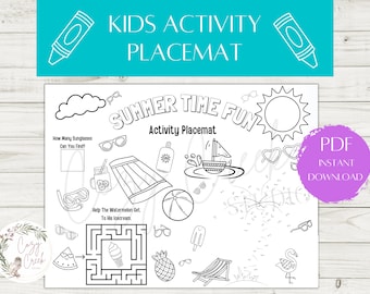 Printable Summer Fun Activity Placemat | Restaurant Activity Placemat | Coloring Placemat | Maze, Dot To Dot | Kids Digital Placemat