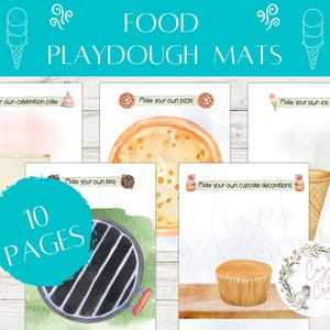 Può includere: Un set di 10 tappetini per plastilina a tema cibo. Lo striscione turchese in alto recita "FOOD PLAYDOUGH MATS". I tappetini presentano illustrazioni ad acquerello di una torta, pizza, gelato, barbecue e decorazioni per cupcake. Un cerchio turchese dice "10 PAGES".