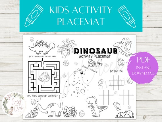 Printable Dinosaur Activity Placemat | Restaurant Activity Placemat | Coloring Placemat | Maze, Dot To Dot, Tic Tac Toe Mat | Travel Fun