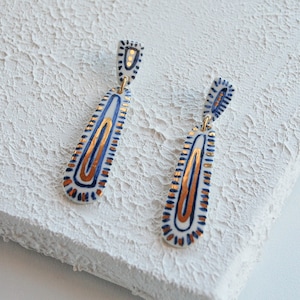 Blue White Porcelain Dangle Earrings With Gold Details, Ceramic Earrings For Day&Night Use