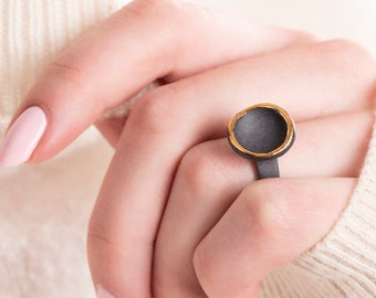 Matte Black Porcelain Ring With Gold Rims, Ceramic Artisan Ring, Contemporary Ceramic Jewelry, Unique Handmade Jewelry, Unique Gift For Her