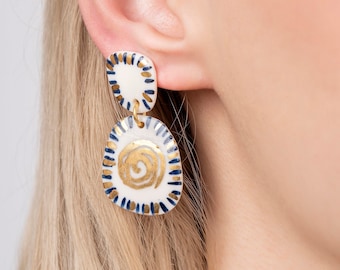 Blue&White Porcelain Earrings, Handmade Ceramic Jewelry, Handpainted Ceramic Earrings, Unique Gift For Her, Blue White Jewelry