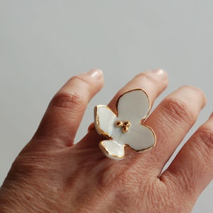 White Floral Porcelain Ring With Gold Rims, Ceramic Artisan Ring, Contemporary Ceramic Jewelry, Unique Handmade Jewelry, Handmade Gift image 4