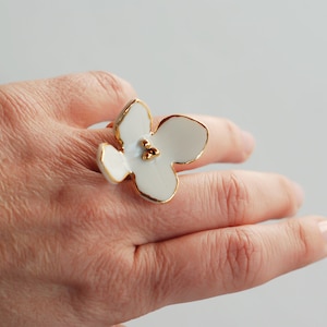 White Floral Porcelain Ring With Gold Rims, Ceramic Artisan Ring, Contemporary Ceramic Jewelry, Unique Handmade Jewelry, Handmade Gift image 1