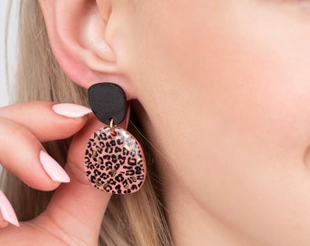 Handmade Pink Black Leopard Porcelain Earrings, Ceramic Jewelry, Unique Jewelry, Animal Earrings, Ceramic Earrings