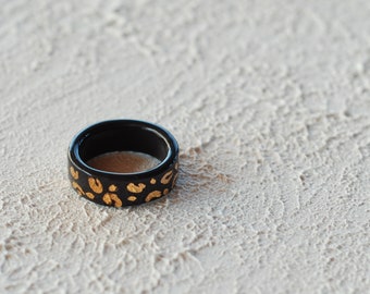 Black Porcelain Ring With Gold Leopard, Unique Handmade Jewelry, Ceramic Ring, Ceramic Artisan Ring, Unique Gift For Her