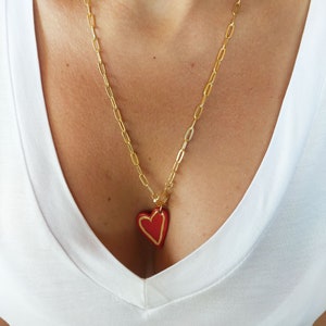 Handmade Porcelain Heart Necklace: 22K Gold Filled Sterling Silver Chain