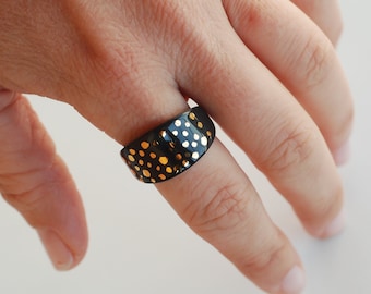 Black Porcelain Wide Ring With Gold Dots, Ceramic Artisan Ring, Contemporary Ceramic Jewelry, Unique Handmade Jewelry, Handmade Gift For Her