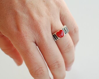 Black&White Striped Porcelain Ring With Red Heart, Unique Handmade Jewelry, Cute Ring, Gift For Her