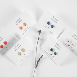 Tiny Porcelain Stud Earrings With Light Colors and Gold Details, Mini Earrings, Everday Jewelry
