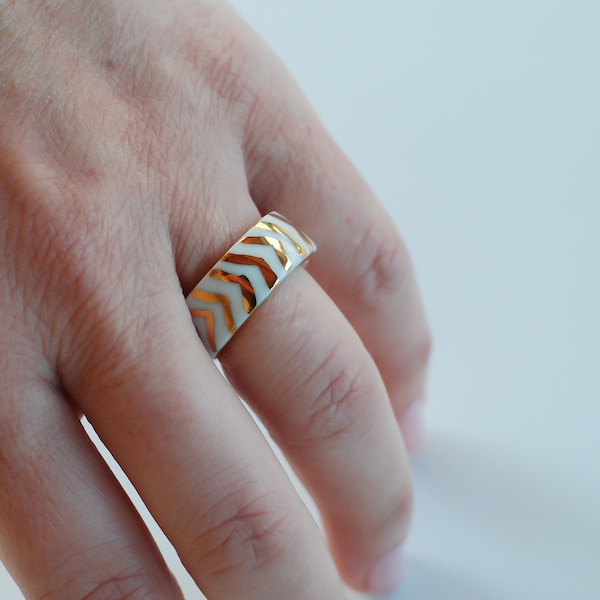 White Porcelain Ring With Gold, Unique Handmade Jewelry, Minimalist Ring, Contemporary Ring, UniqueGift For Her