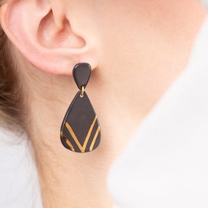 Black Porcelain Dangle Earrings With Gold Details, Ceramic Earrings For Day&Night Use