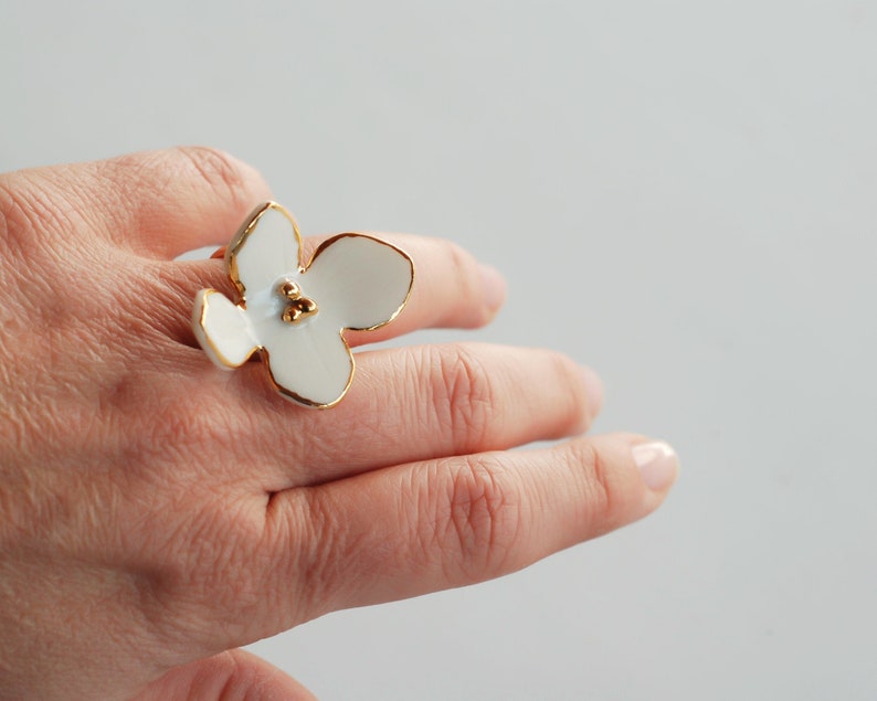 White Floral Porcelain Ring With Gold Rims, Ceramic Artisan Ring, Contemporary Ceramic Jewelry, Unique Handmade Jewelry, Handmade Gift image 1