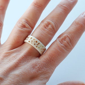 White Porcelain Ring With Gold Dots, Unique Handmade Jewelry, Minimalist Ring, Unique Gift For Her