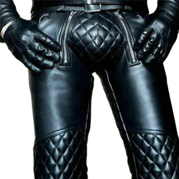 Handgefertigte Herren Echte Schwarze Lederhose Motorrad Biker Fahrer Motorrad Jeans Hose Gesteppte Jeans | Geschenke für Ihn | Geschenke für Sie