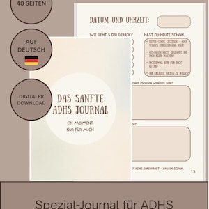 Spezielles ADHS-Journal auf Deutsch, druckbares und digitales PDF, Wohlfühlbuch, Reflexionsfragen, Check-ins, für neuroatypische Menschen