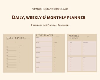 Printable Planner: Daily, Weekly & Monthly Planner, Aesthetic Planner, Brown planner, Minimalist digital planner, minimal digital planner,
