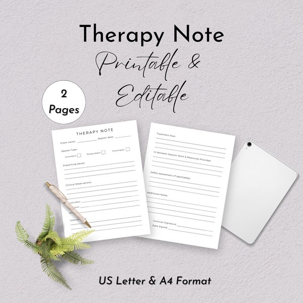 Therapy Note Template for Therapist Psychotherapist Counsellor Social Worker Psychologist in Private Practice | Printable and Editable |