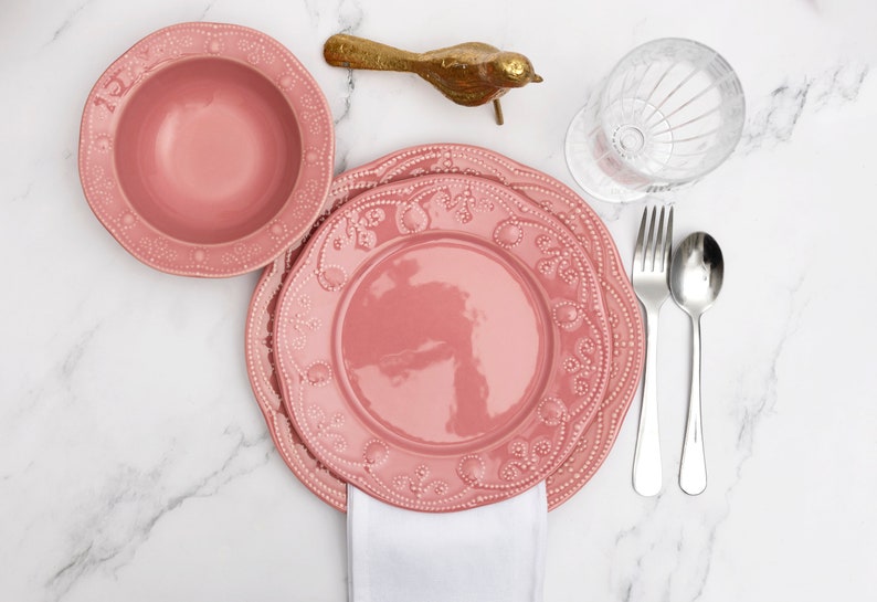 12 Piece Porcelain Dinnerware Set Pink Etsy