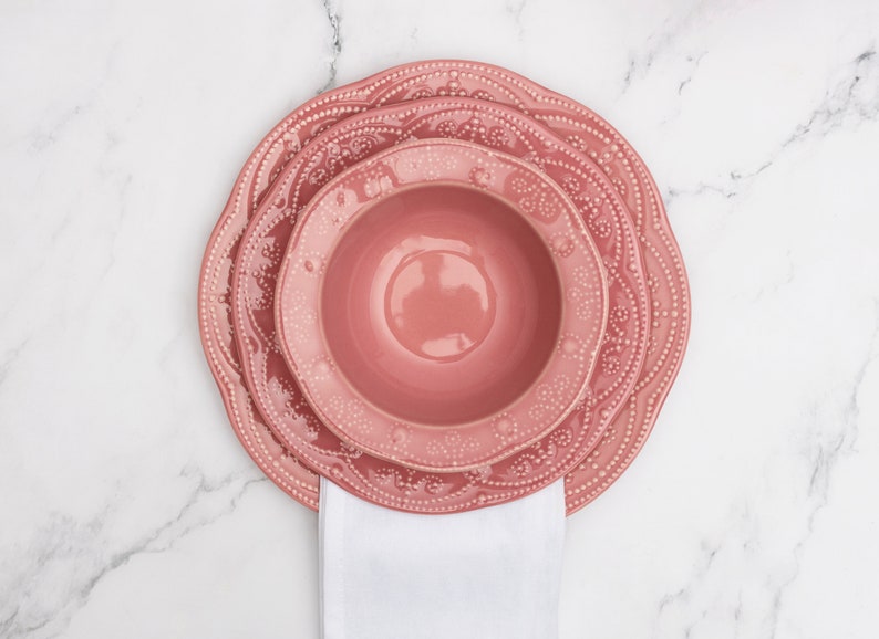 12 Piece Porcelain Dinnerware Set Pink Etsy