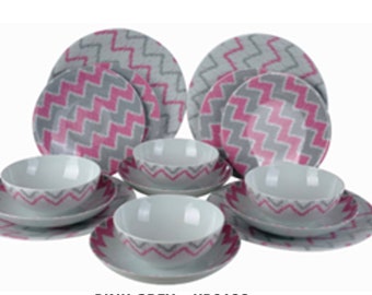 12 Piece Porcelain Dinnerware Set - Pink/Gray