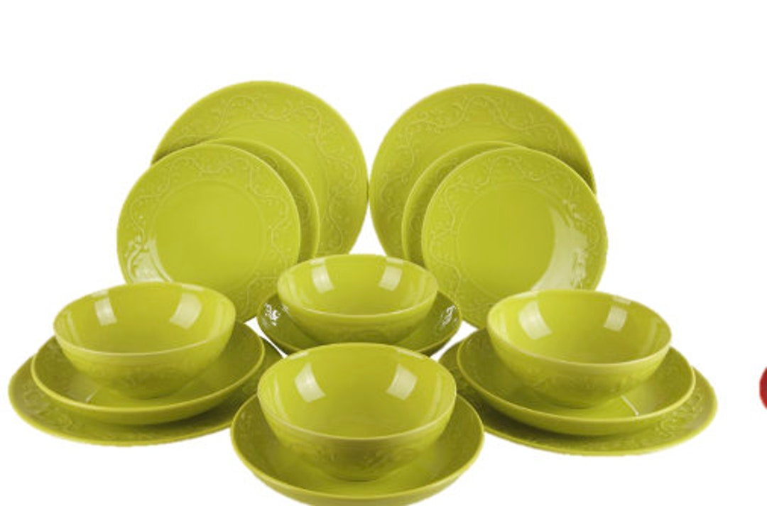12 Piece Porcelain Dinnerware Set Green Etsy