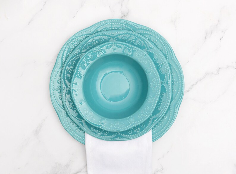 12 Piece Porcelain Dinnerware Set Turquoise Etsy