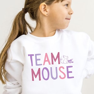 May include: White sweatshirt with a pink and purple graphic that says "TEAM MOUSE" with a small mouse illustration.