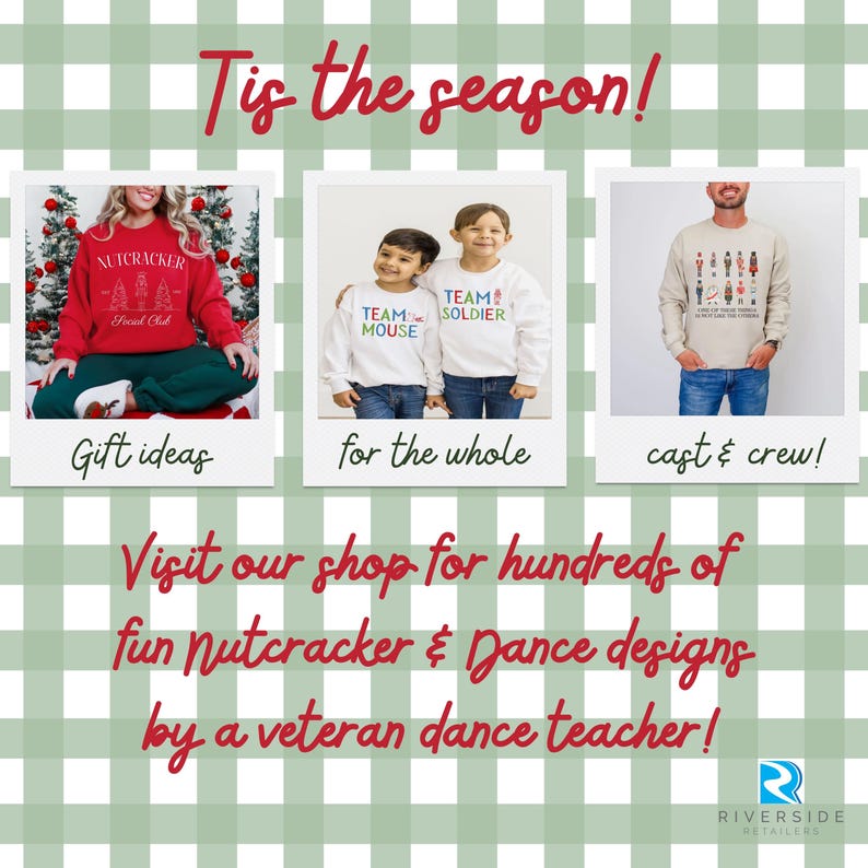 Op de afbeelding: De afbeelding toont drie sweatshirtontwerpen. E&eacute;n is rood met "NUTCRACKER" en een boomafbeelding. Een ander heeft "TEAM MOUSE" en "TEAM SOLDIER" op witte sweatshirts. De derde is beige met een afbeelding. Tekst luidt "Tis the season!" en "Gift ideas".