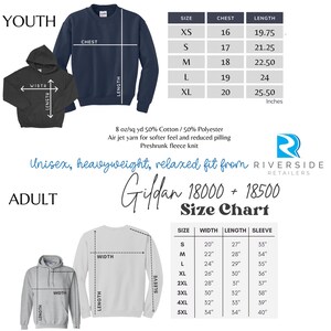 May include: Size chart for Gildan 18000 and 18500 youth and adult sweatshirts. The chart shows chest and length measurements in inches for youth sizes XS, S, M, L, and XL. The adult chart shows width, length, and sleeve measurements in inches for sizes S, M, L, XL, 2XL, 3XL, 4XL, and 5XL.