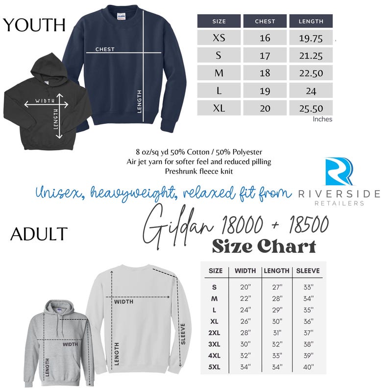 May include: Size chart for Gildan 18000 and 18500 youth and adult sweatshirts. The chart shows chest and length measurements in inches for youth sizes XS, S, M, L, and XL. The adult chart shows width, length, and sleeve measurements in inches for sizes S, M, L, XL, 2XL, 3XL, 4XL, and 5XL.