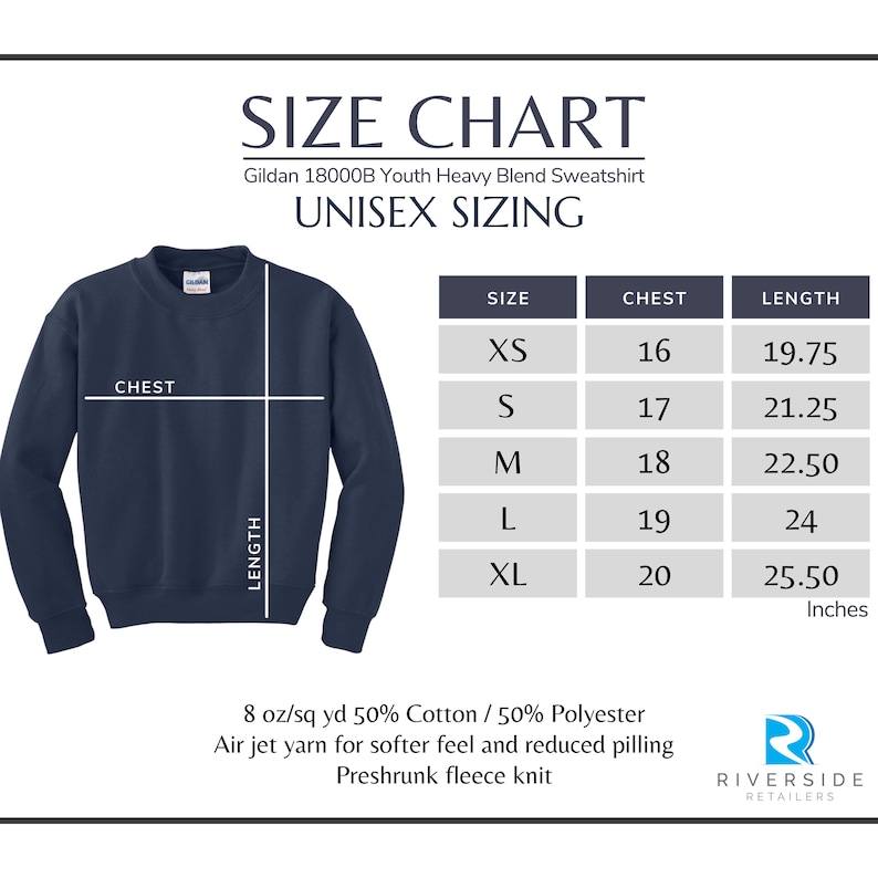 May include: Size chart for a Gildan 18000B Youth Heavy Blend Sweatshirt. The chart shows unisex sizing with chest and length measurements in inches for sizes XS, S, M, L, and XL. The fabric is 8 oz/sq yd 50% Cotton / 50% Polyester, air jet yarn for softer feel and reduced pilling, preshrunk fleece knit.