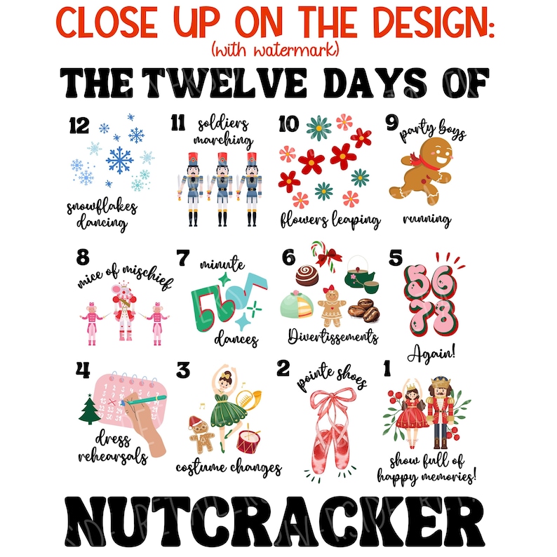 12 Days of Nutcracker
12 snowflakes dancing
11 soldiers marching
10 flowers leaping
9 party boys running
8 mice of mischief
7 minute dances
6 divertissements
5678 Again
4 dress rehearsals
3 costume changes
2 pointe shoes
1 show full of happy memories