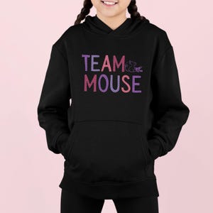 May include: Black hooded sweatshirt with a pink, purple, and red graphic that says "TEAM MOUSE" with a small mouse illustration.