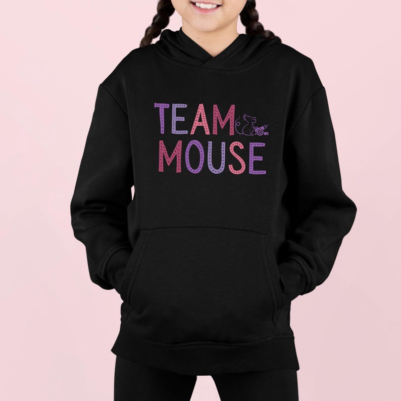 May include: Black hooded sweatshirt with a pink, purple, and red graphic that says "TEAM MOUSE" with a small mouse illustration.