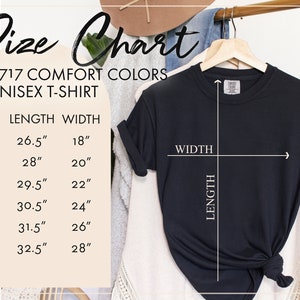May include: Size chart for unisex t-shirts in various sizes, showing length and width measurements in inches. The chart includes sizes S, M, L, XL, 2X, and 3X.