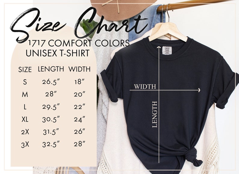 May include: Size chart for unisex t-shirts in various sizes, showing length and width measurements in inches. The chart includes sizes S, M, L, XL, 2X, and 3X.