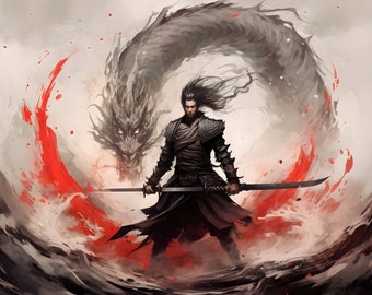 Warrior Dragon Spirit Artwork Print, Dragon Wall Art, Digital Painting Dragon Poster, Mythical Creatures Illustrations, Fantasy Home Decor