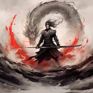 May include: A warrior in black clothing stands with a sword in front of a swirling grey dragon with red accents.