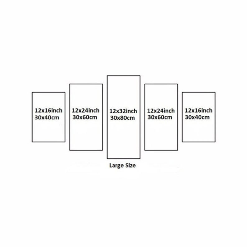 May include: A diagram showing different sizes of canvas prints. The sizes are 12x16 inches (30x40 cm), 12x24 inches (30x60 cm), 12x32 inches (30x80 cm), and 12x24 inches (30x60 cm). The text "Large Size" is below the diagram.