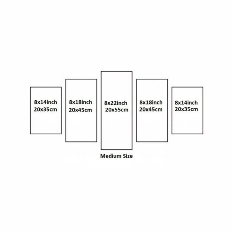 May include: A diagram showing the different sizes of canvas prints available. The sizes are 8x14 inches (20x35 cm), 8x18 inches (20x45 cm), 8x22 inches (20x55 cm), and 8x14 inches (20x35 cm). The text "Medium Size" is below the diagram.