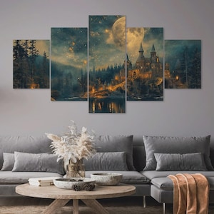May include: A five-panel canvas art print depicting a nighttime fantasy scene. A large castle is illuminated on a hill, with a full moon and starry sky above. The artwork features a lake and surrounding trees, with a color palette of blues, greens, and golds.