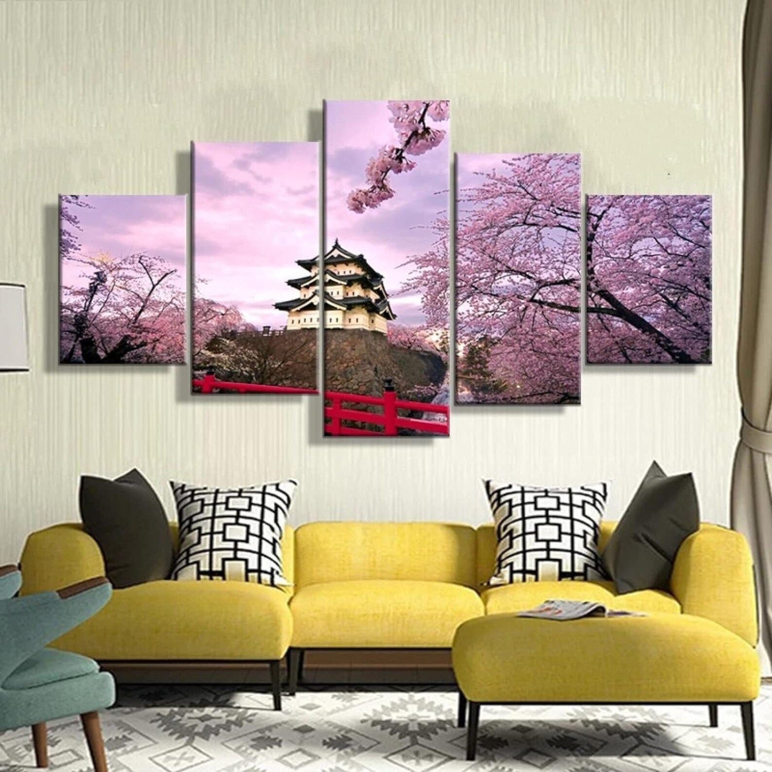 Cherry Blossom Japanese Temple Wall Art Framed Canvas Prints, Sakura ...
