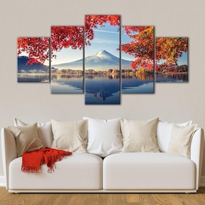 Large 5-Piece Canvas Wall Art | Colorful Autumn Mountain Fuji Lake Kawaguchiko | Modern Home Decor | Framed Multi-Panel Prints Ready to Hang