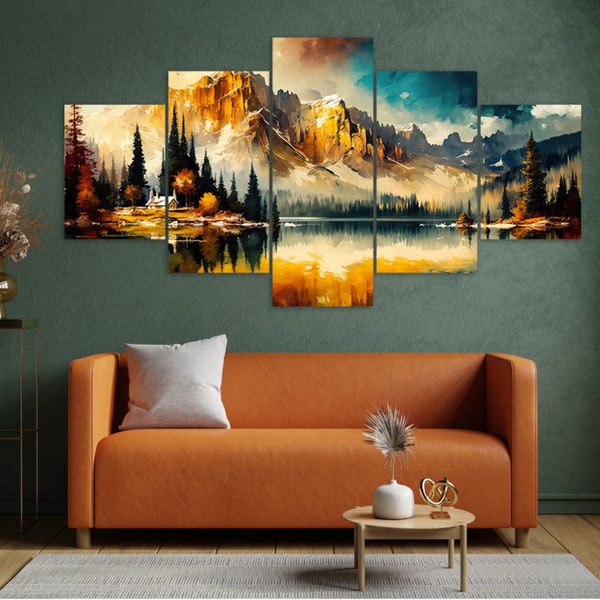 Large 5-Piece Canvas Wall Art | Dramatic Lake Mountains Landscape | Modern Home Decor | Framed Multi-Panel Prints | Ready to Hang