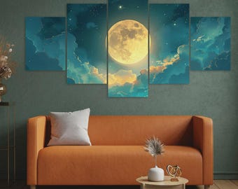 Lienzo de luna llena, 5 impresiones enmarcadas, pintura lunar brillante, decoración moderna para dormitorio y sala de estar.