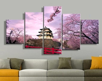 Cherry Blossom Japanese Temple Wall Art Framed Canvas Prints, Sakura Trees, Japanese Art, 5 Piece Multi Panel Painting for Modern Home Decor
