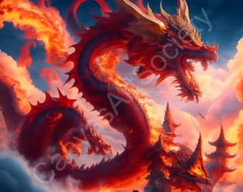 Abstract Fiery Red Dragon Full Body In Swirling Clouds With Castle Background, Dynamic Dragon Artwork Digital Download, Dragon Fire Poster