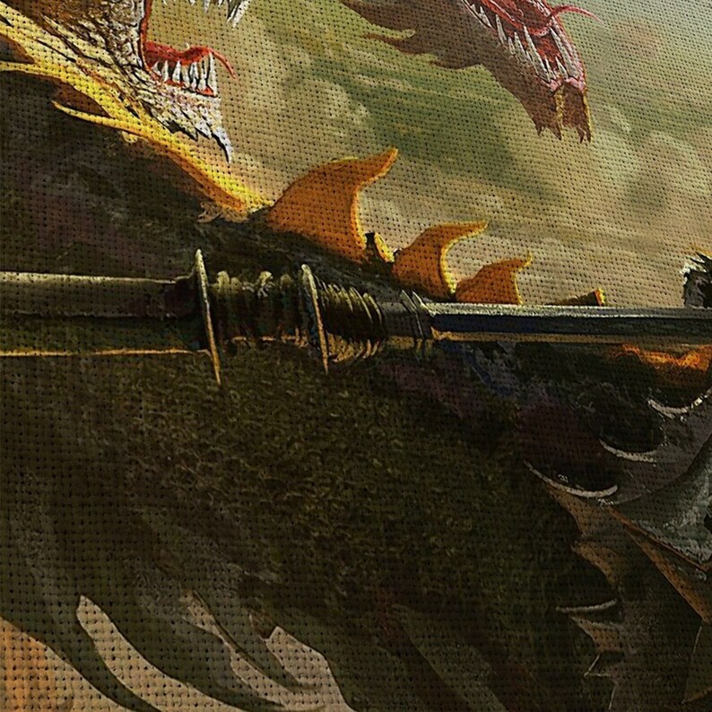 May include: A close-up of a sword with a brown handle and a black blade. The sword is held by a person in front of a dragon with red and yellow scales.